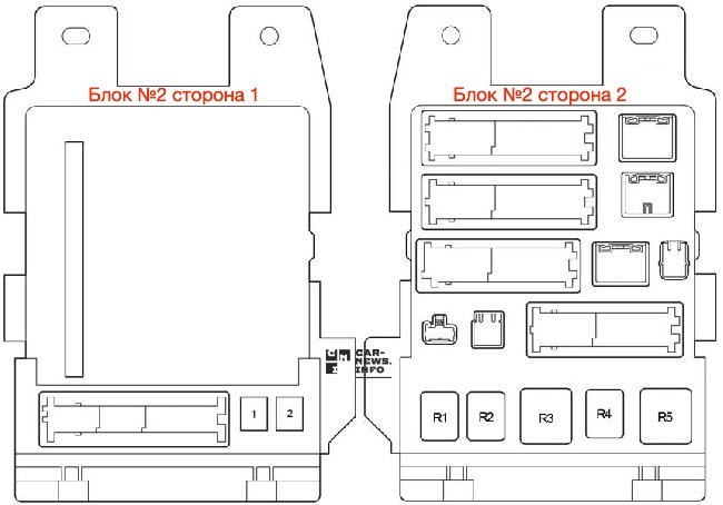 Схема расположения предохранителей и реле в блоке №2 в салоне Тойота Камри XV40