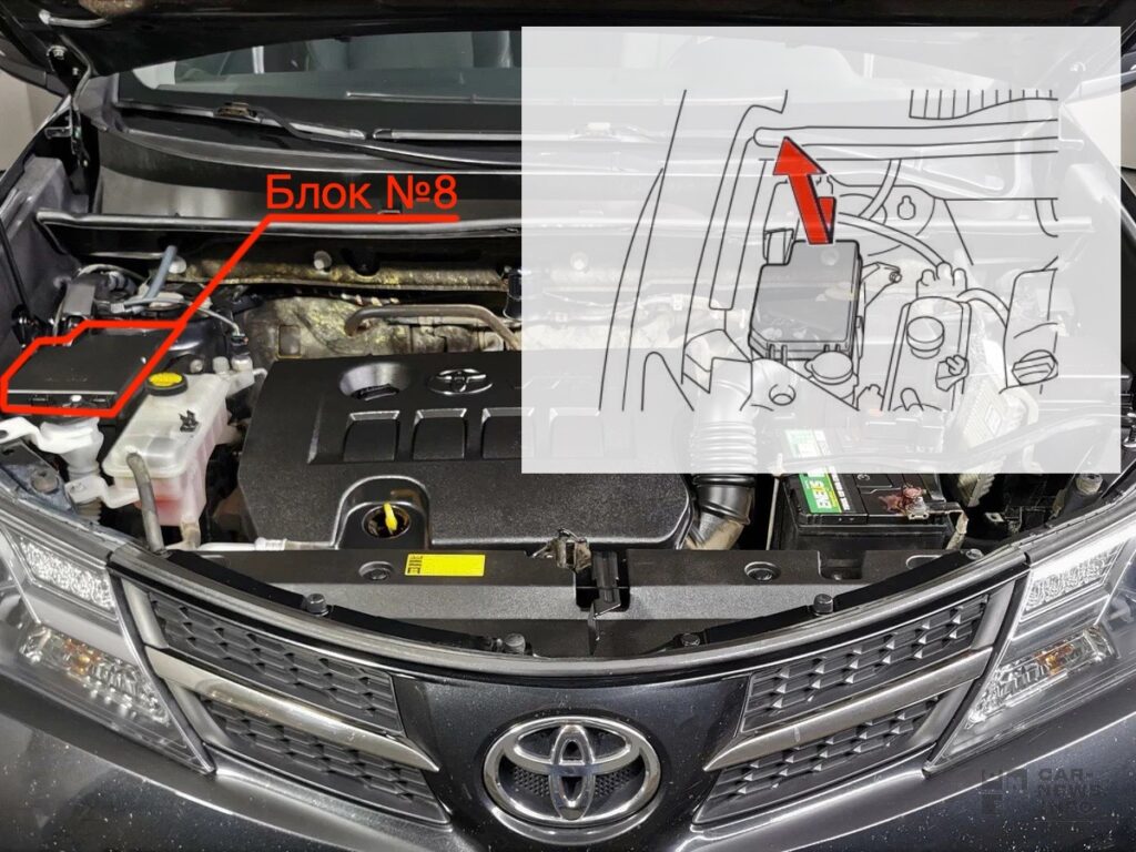Расположение блока №8 в моторном отсеке Toyota RAV4 XA40 (2013-2018)