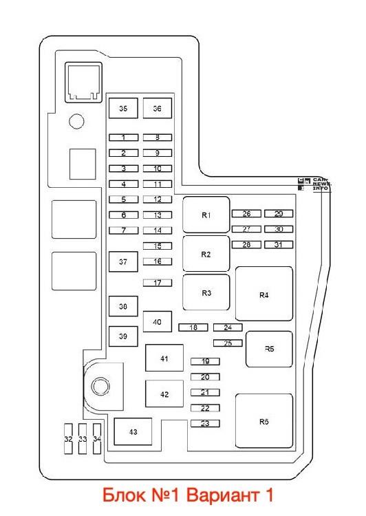 Схема расположения предохранителей и реле блока №1 в моторном отсеке (Вариант 1) Toyota RAV4 XA40 (2013-2018)