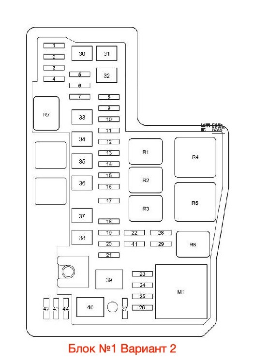 Схема расположения предохранителей и реле блока №1 в моторном отсеке (Вариант 2) Toyota RAV4 XA40 (2013-2018)