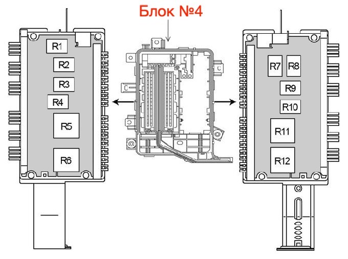 Схема расположения реле блока №4 в моторном отсеке Toyota Land Cruiser 100